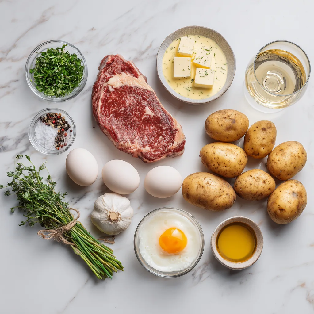 Ingrédients du steak frites sauce béarnaise disposés sur fond marbre, flatlay culinaire