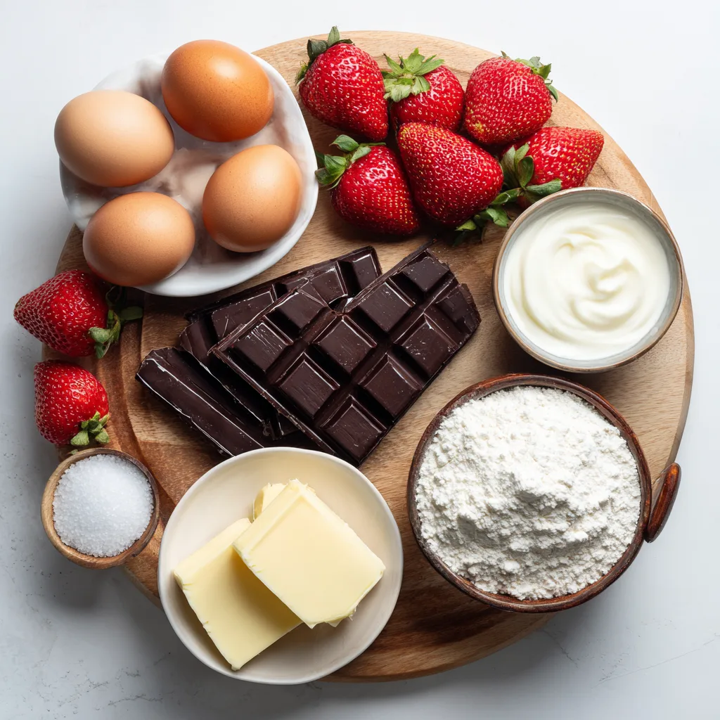 Ingrédients pour tarte chocolat fraises posés à plat : chocolat, fraises, farine, beurre, crème