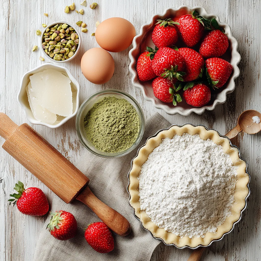 Ingrédients tarte aux fraises et pistache posés sur fond bois
