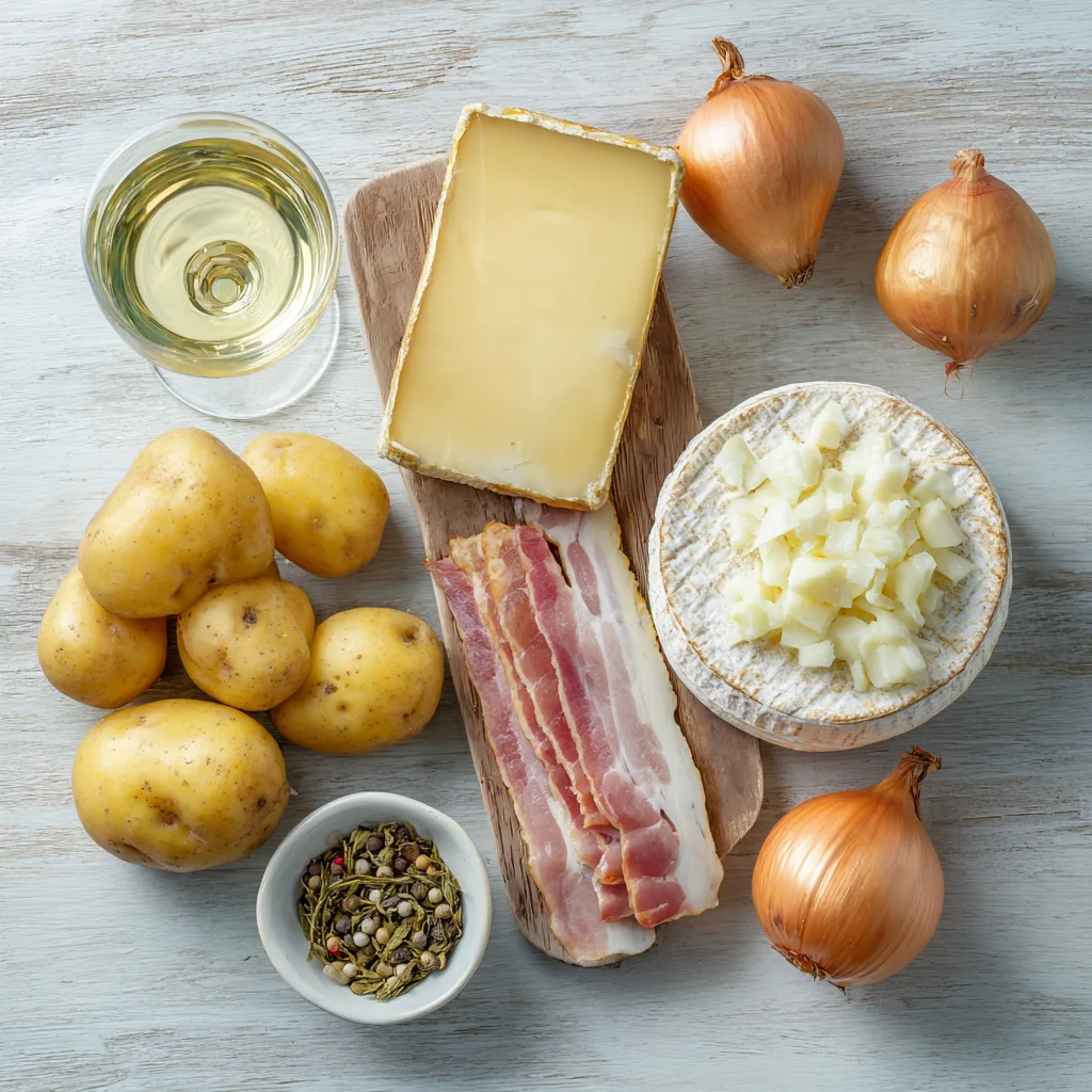 Ingrédients de la tartiflette au Reblochon : Reblochon AOP, pommes de terre, lardons, oignons