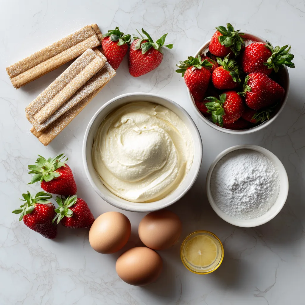 Ingrédients du tiramisu fraises mascarpone disposés en flat lay