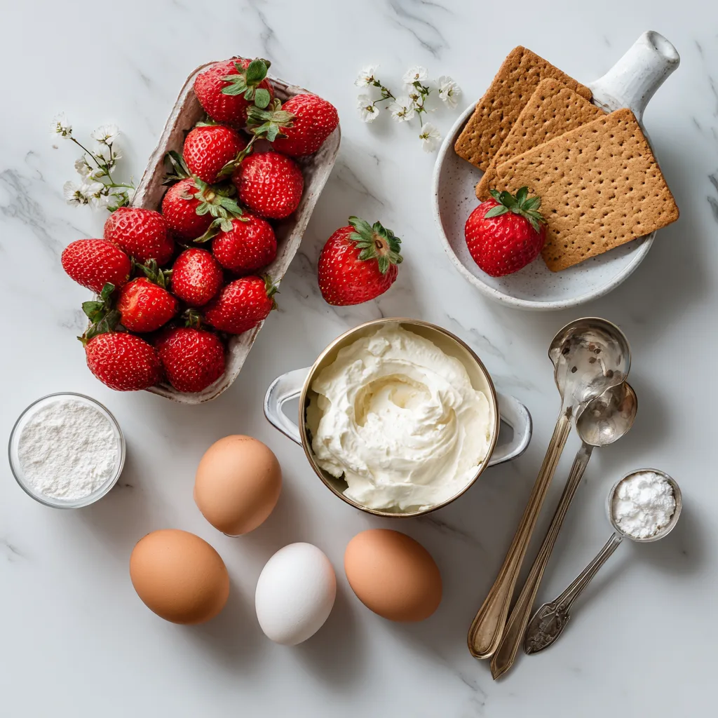 Ingrédients verrine fraise mascarpone disposition à plat sur marbre blanc