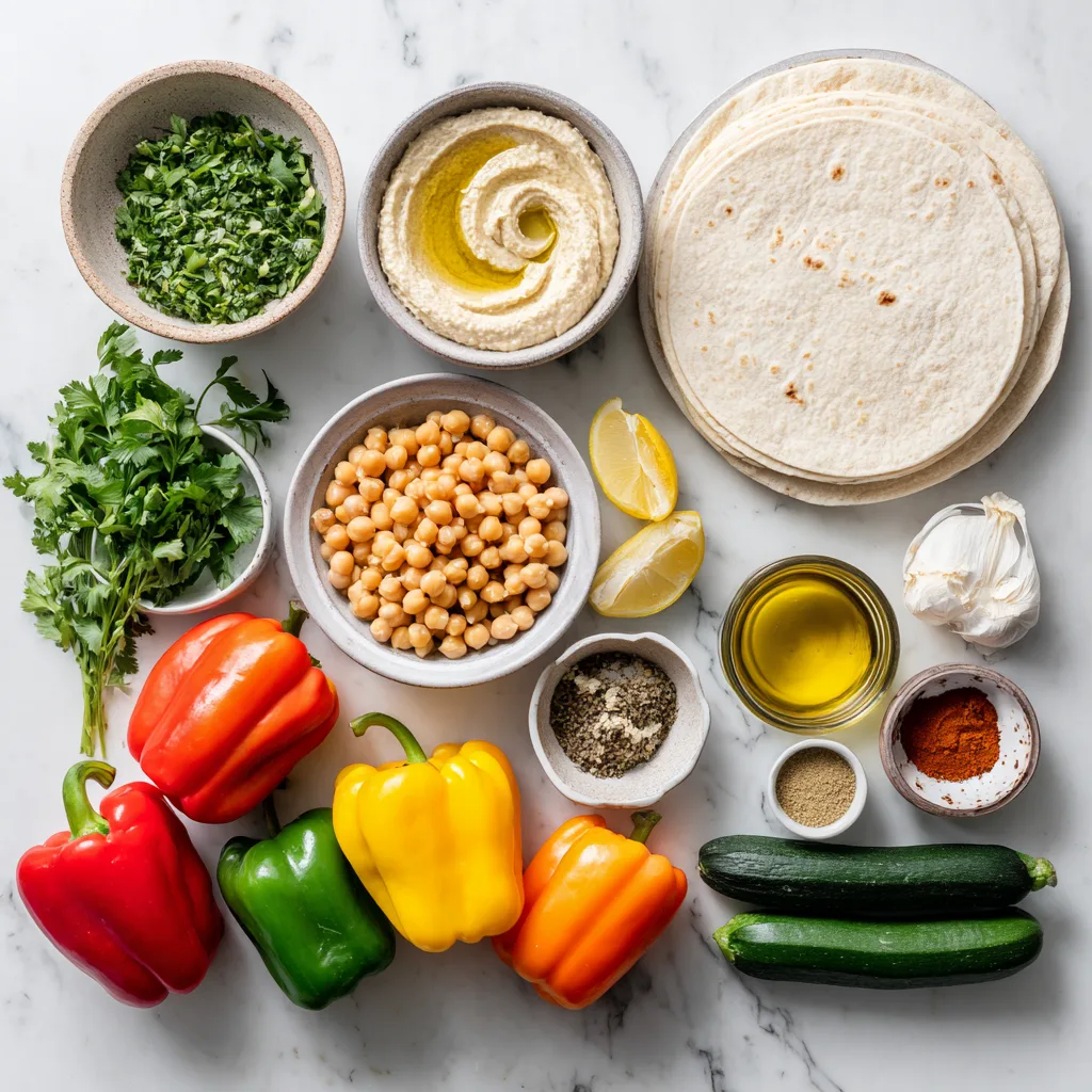 Ingrédients pour recette wraps falafel houmous disposés à plat sur marbre blanc