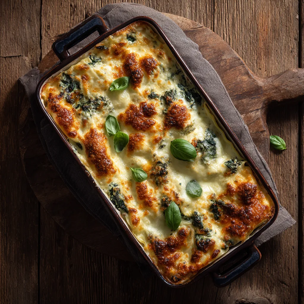 Lasagnes aux épinards et ricotta dorées vues de dessus dans un plat à gratin