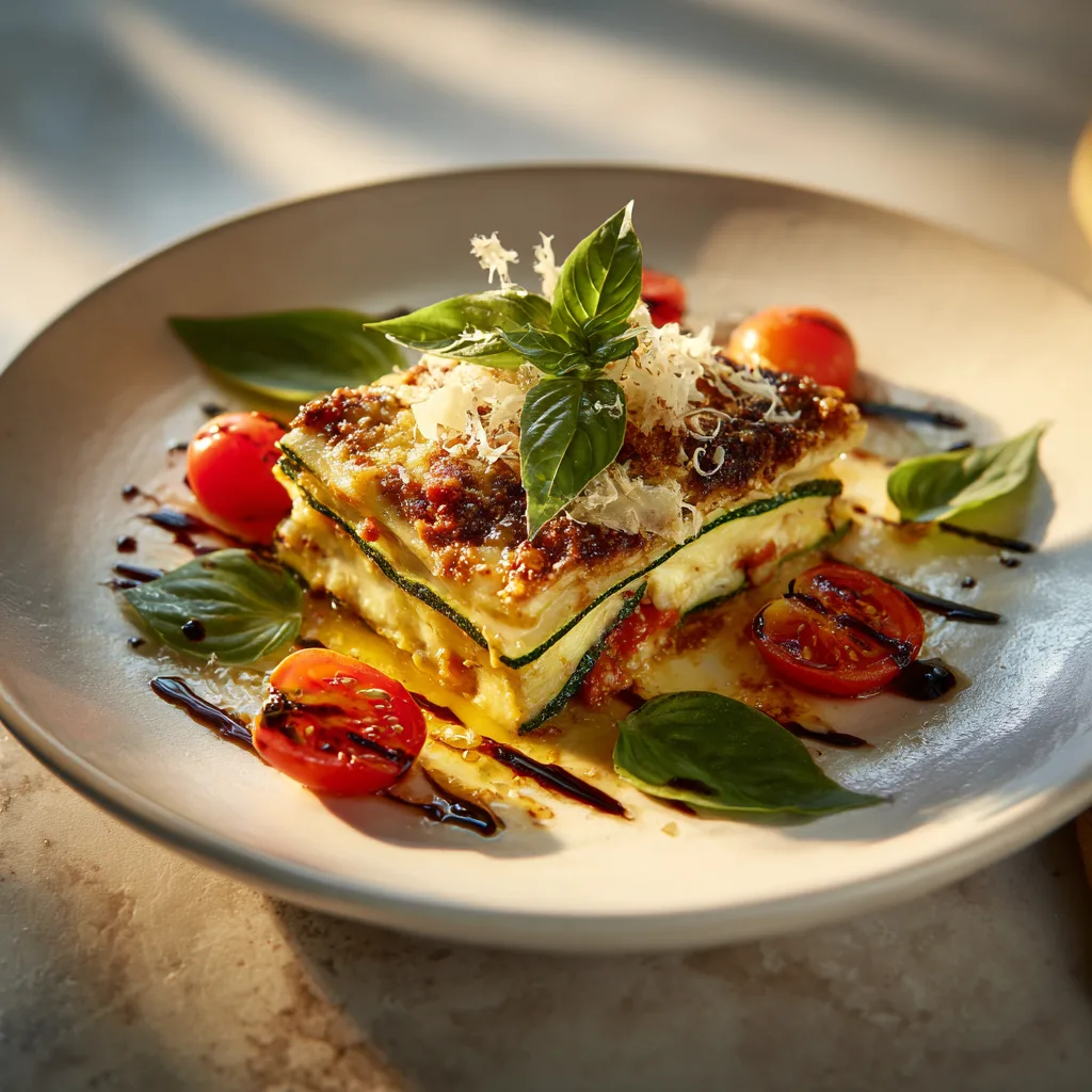 Portion de lasagnes courgettes ricotta bolognaise végétarienne servie avec basilic frais