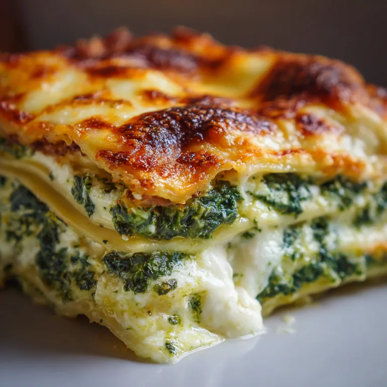 Gros plan sur les couches crémeuses de lasagnes aux épinards et ricotta