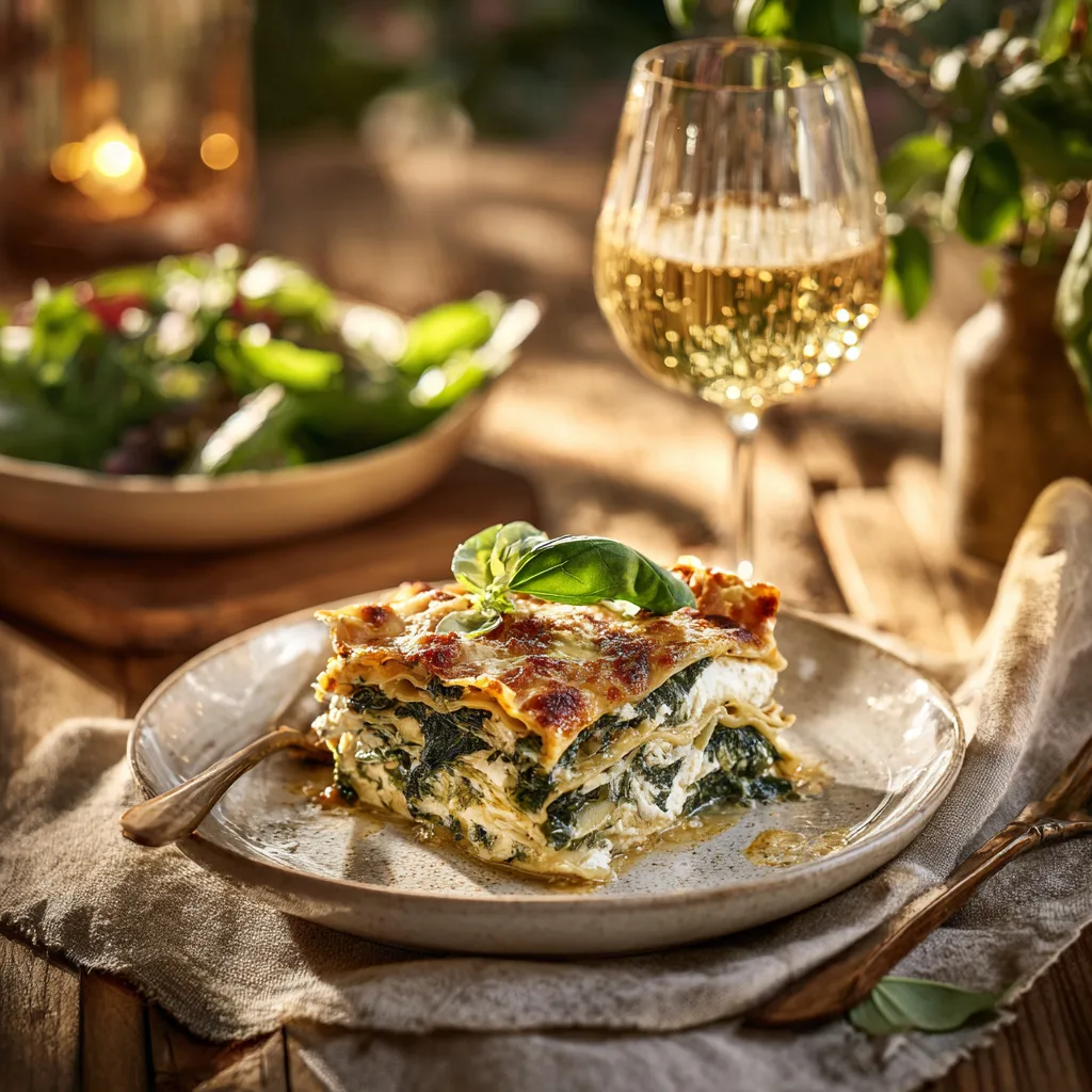Assiette de lasagnes aux épinards et ricotta servie avec une salade verte