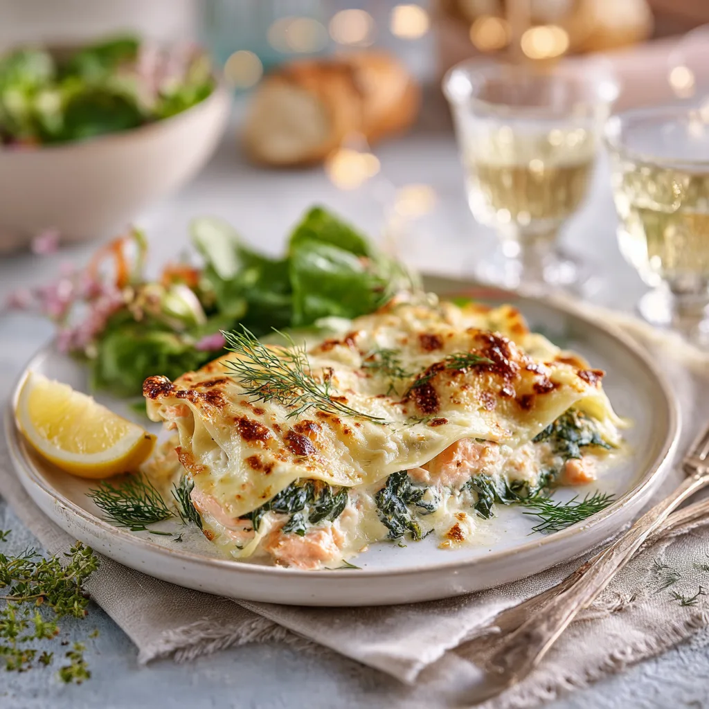 Assiette de lasagnes saumon épinards crémeuses servies avec salade verte et citron