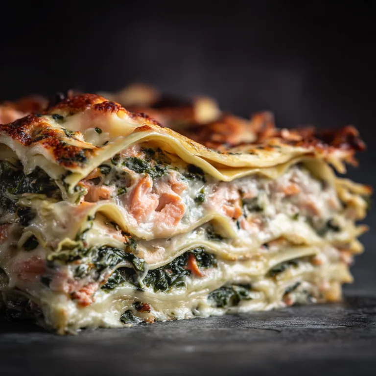 Gros plan sur les couches crémeuses des lasagnes saumon épinards avec béchamel et épinards