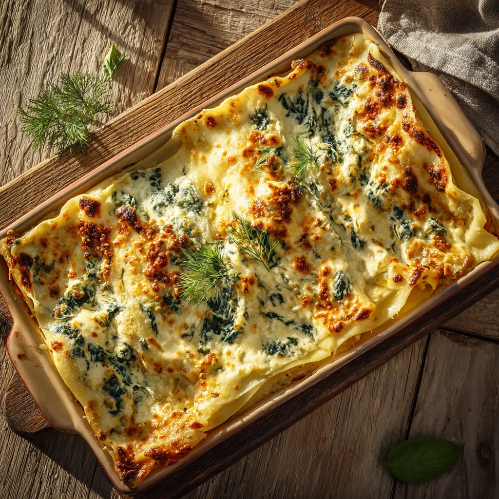 Lasagnes saumon épinards crémeuses gratinées au parmesan dans un plat à gratin