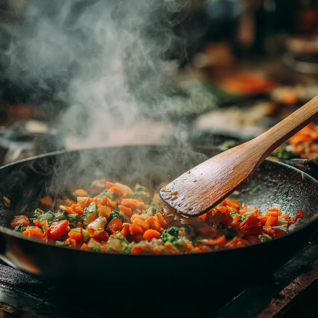Légumes sautés à la poêle pour garniture de mini-quiches aux légumes de saison