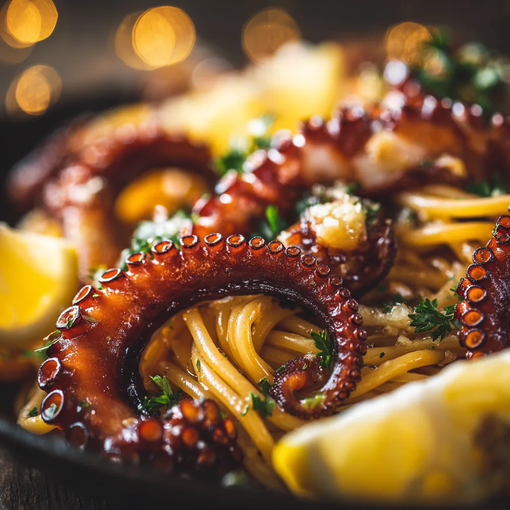Gros plan linguine au poulpe tentacules brillants huile d'olive