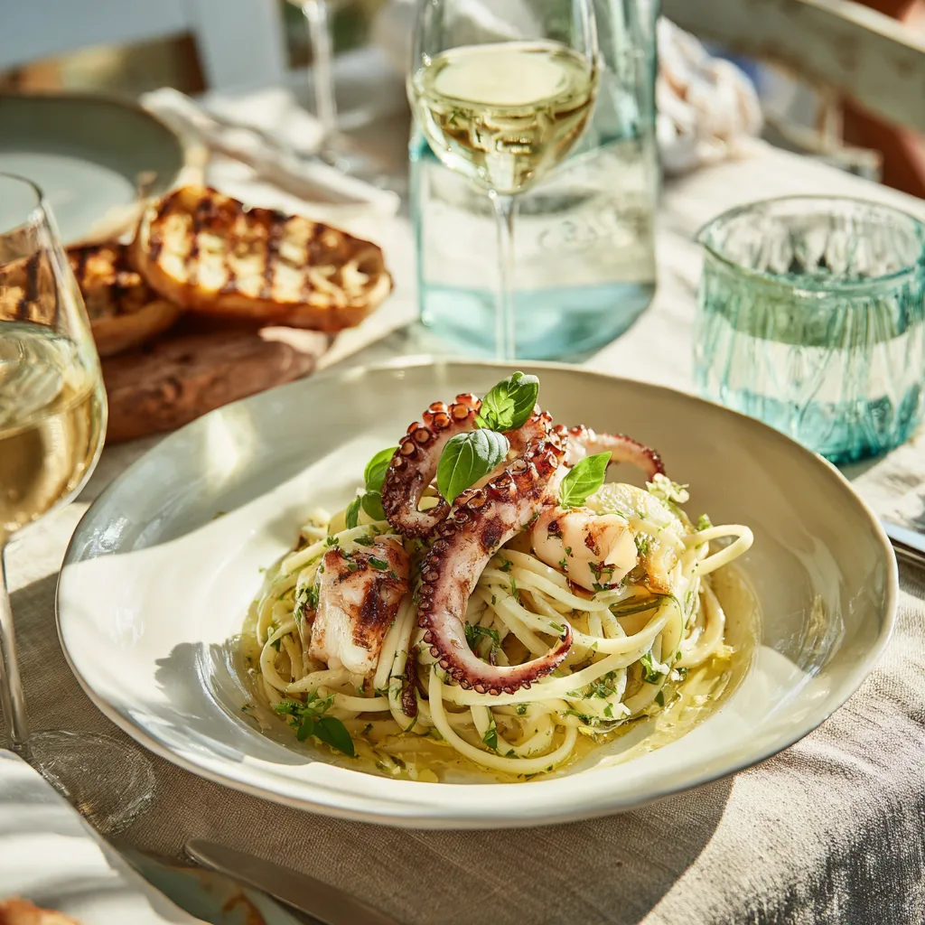 Présentation soignée linguine au poulpe sur table italienne avec vin blanc