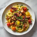 Gros plan linguine au poulpe tentacules brillants huile d'olive