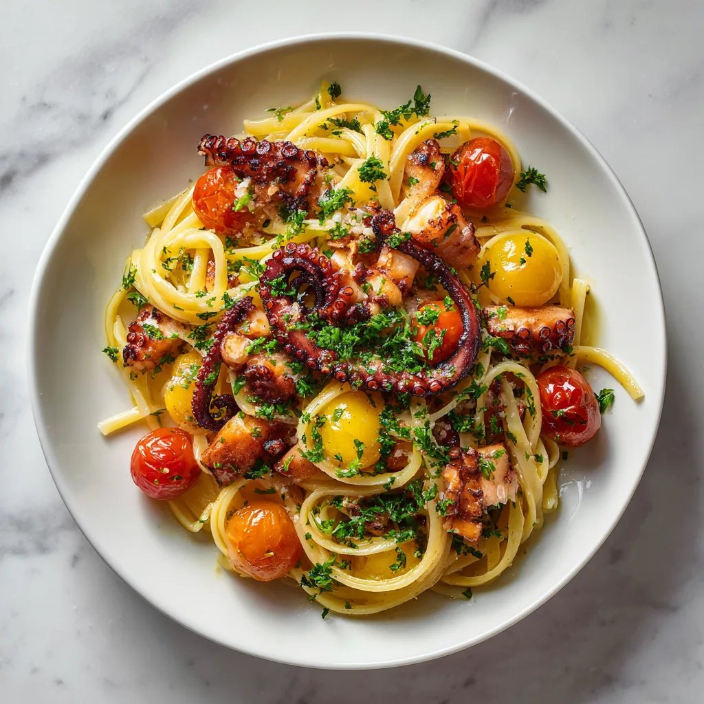 Gros plan linguine au poulpe tentacules brillants huile d'olive