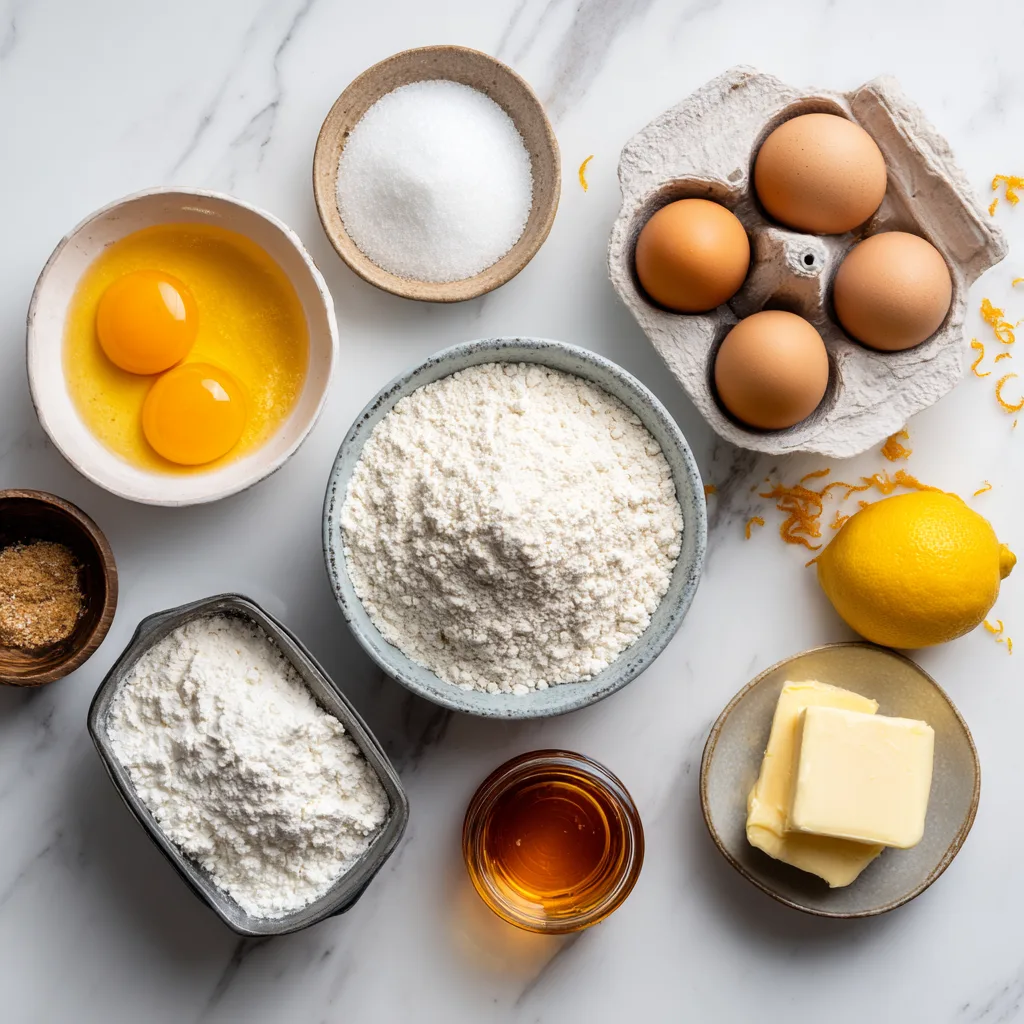 ingrédients madeleines nature farine beurre oeufs citron flat lay