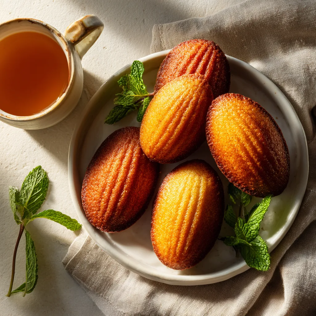 madeleines nature moelleuses servies sur assiette blancheMadeleines nature moelleuses fraîchement sorties du four