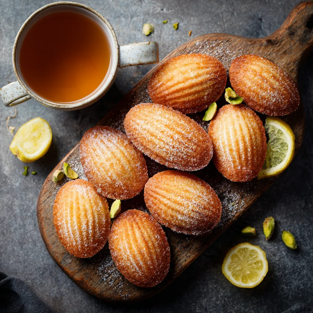 madeleines nature moelleuses vue de dessus sur planche en bois