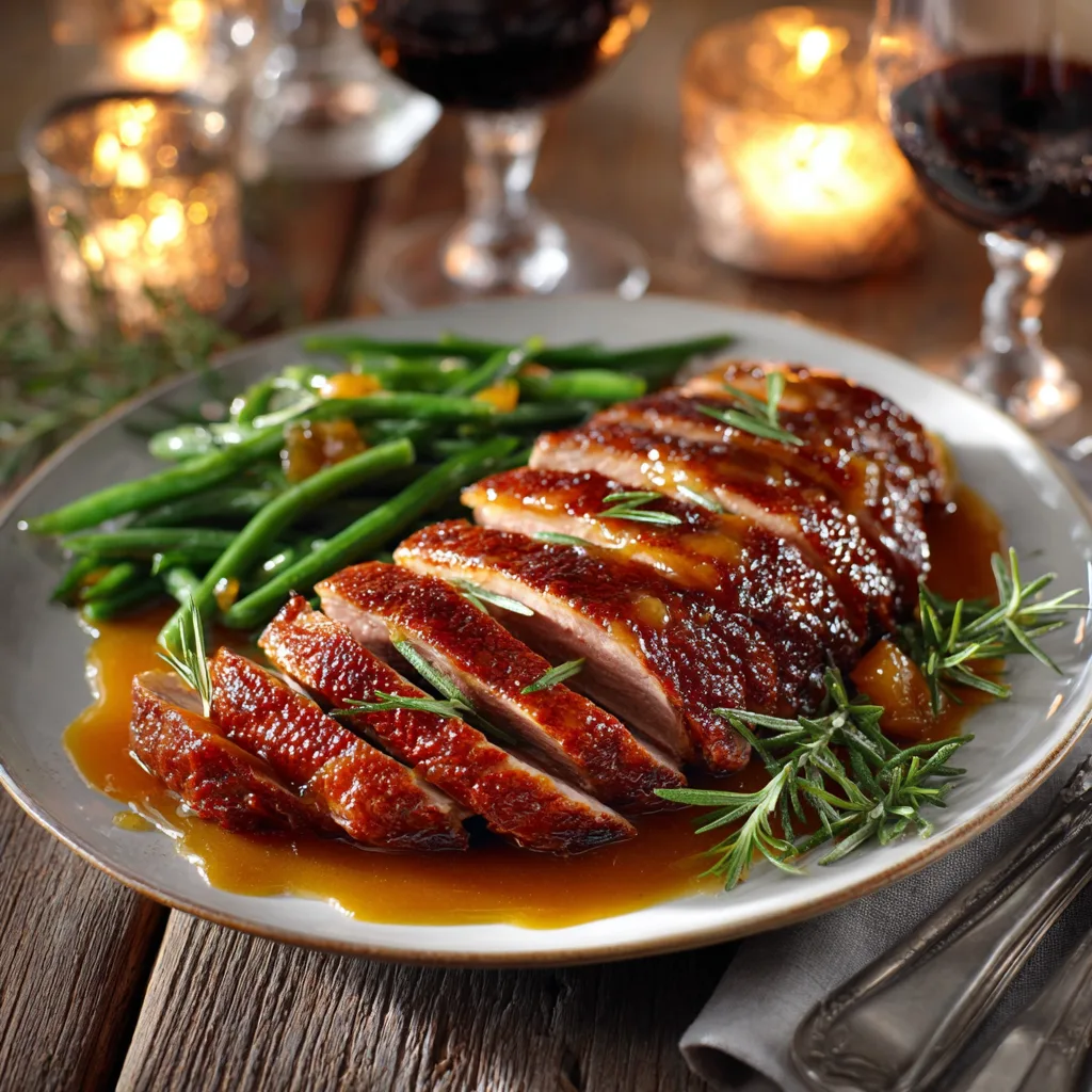 Présentation gastronomique du magret de canard grillé sauce abricot sur table dressée