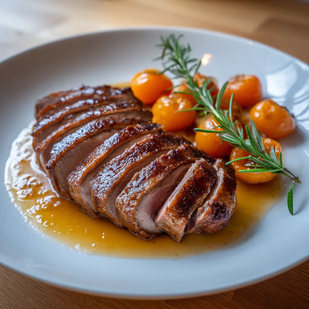 Magret de canard grillé sauce abricot tranché en éventail sur assiette blanche