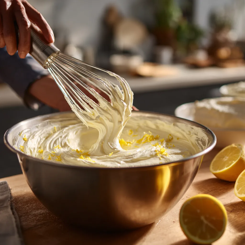 Mélange appareil crémeux cheesecake citron sans cuisson fouet électrique