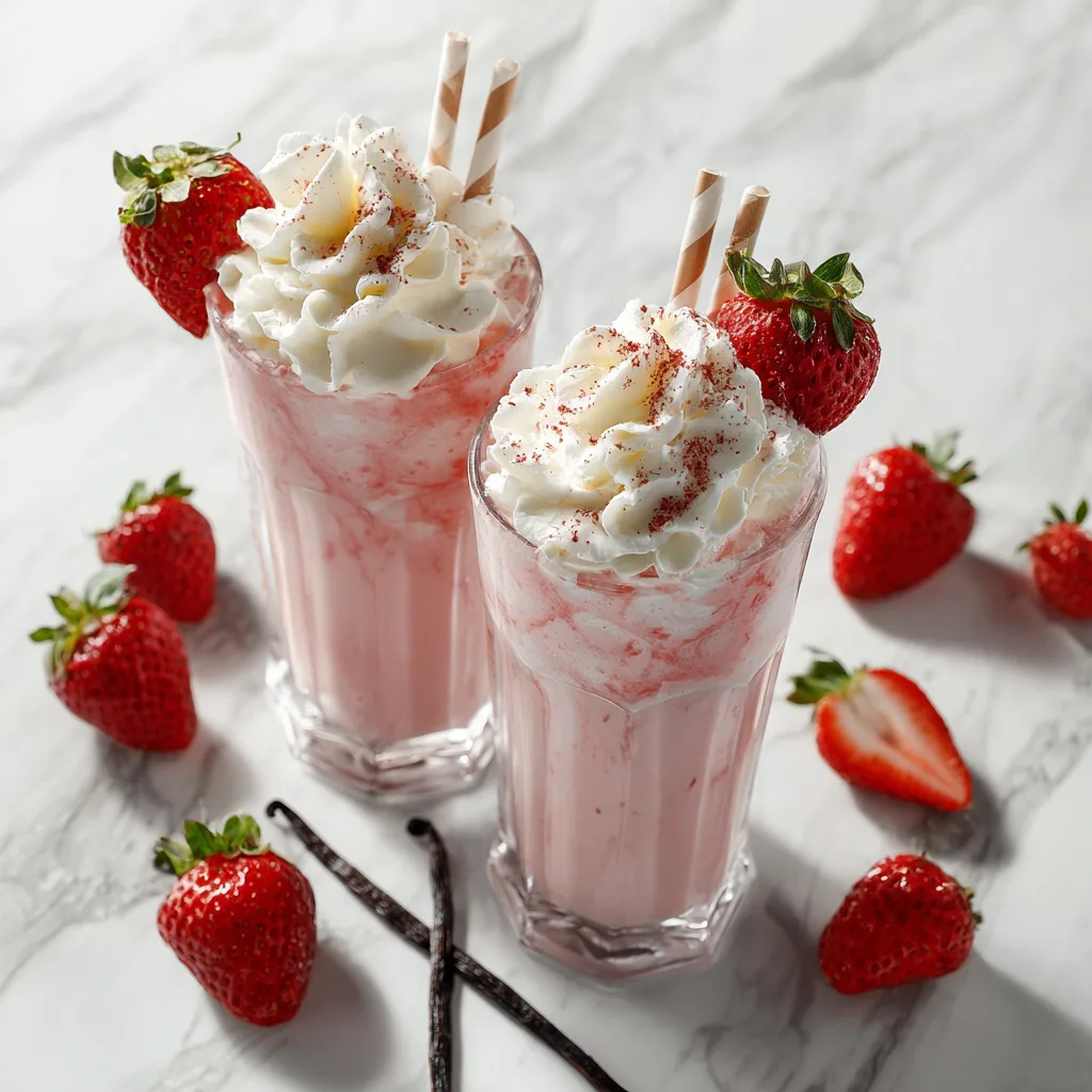 Milkshake fraise vanille maison vue de dessus avec chantilly et fraises fraîches
