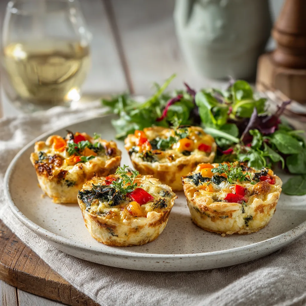 Mini-quiches aux légumes dorées sur assiette blanche avec salade verte, photo principale