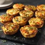 Mini-quiches aux légumes de saison dorées sur ardoise rustique, vue de dessus