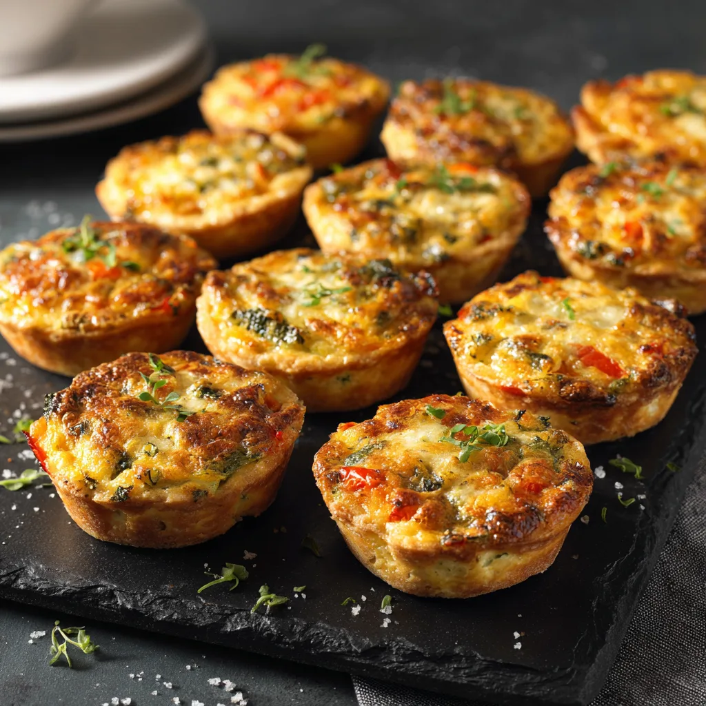 Mini-quiches aux légumes de saison dorées sur ardoise rustique, vue de dessus