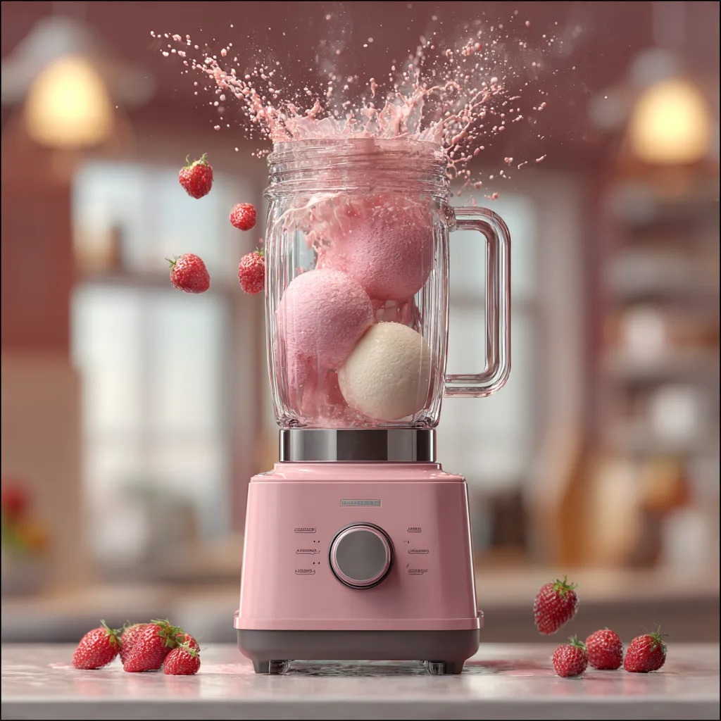 Mixage des ingrédients milkshake fraise vanille au blender étape 2