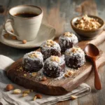 moelleux au chocolat praliné vue de dessus sur planche en bois rustique