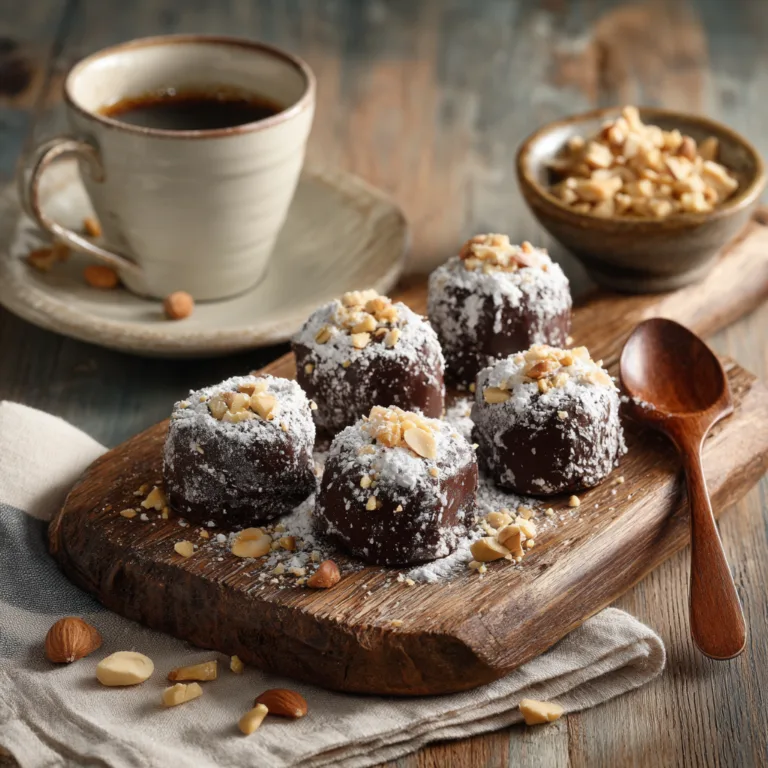 moelleux au chocolat praliné vue de dessus sur planche en bois rustique