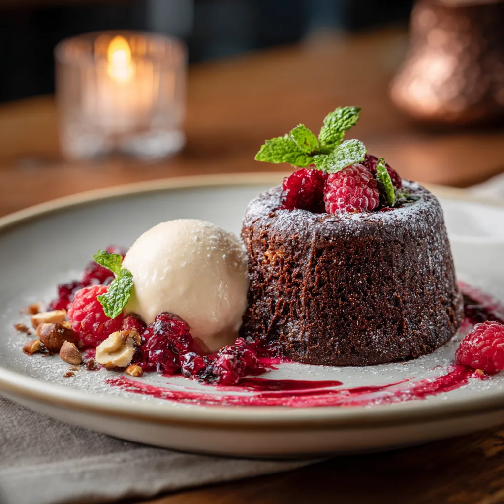 moelleux au chocolat praliné servi avec glace vanille et coulis framboises