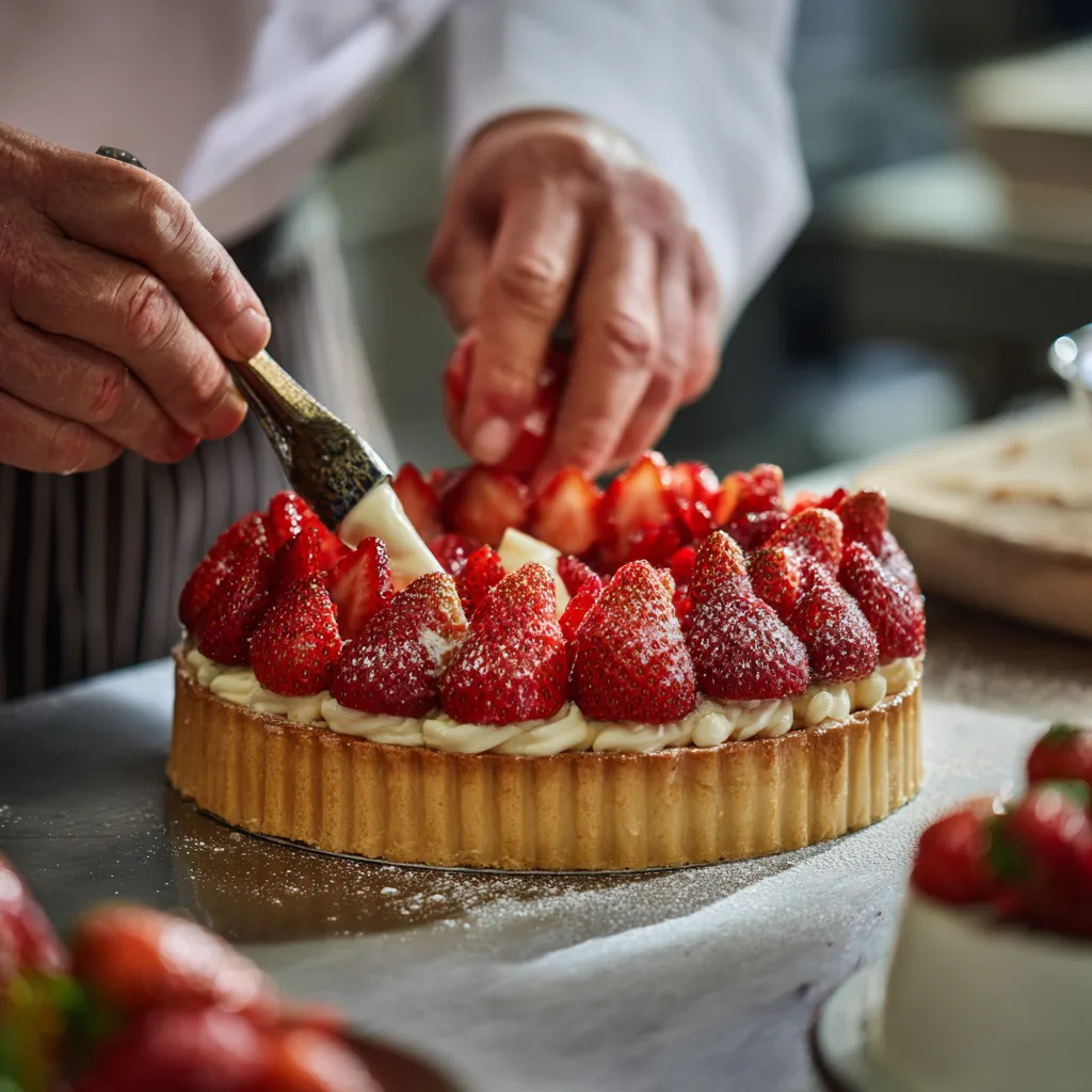 Montage du fraisier maison avec fraises disposées contre le cercle à pâtisserie