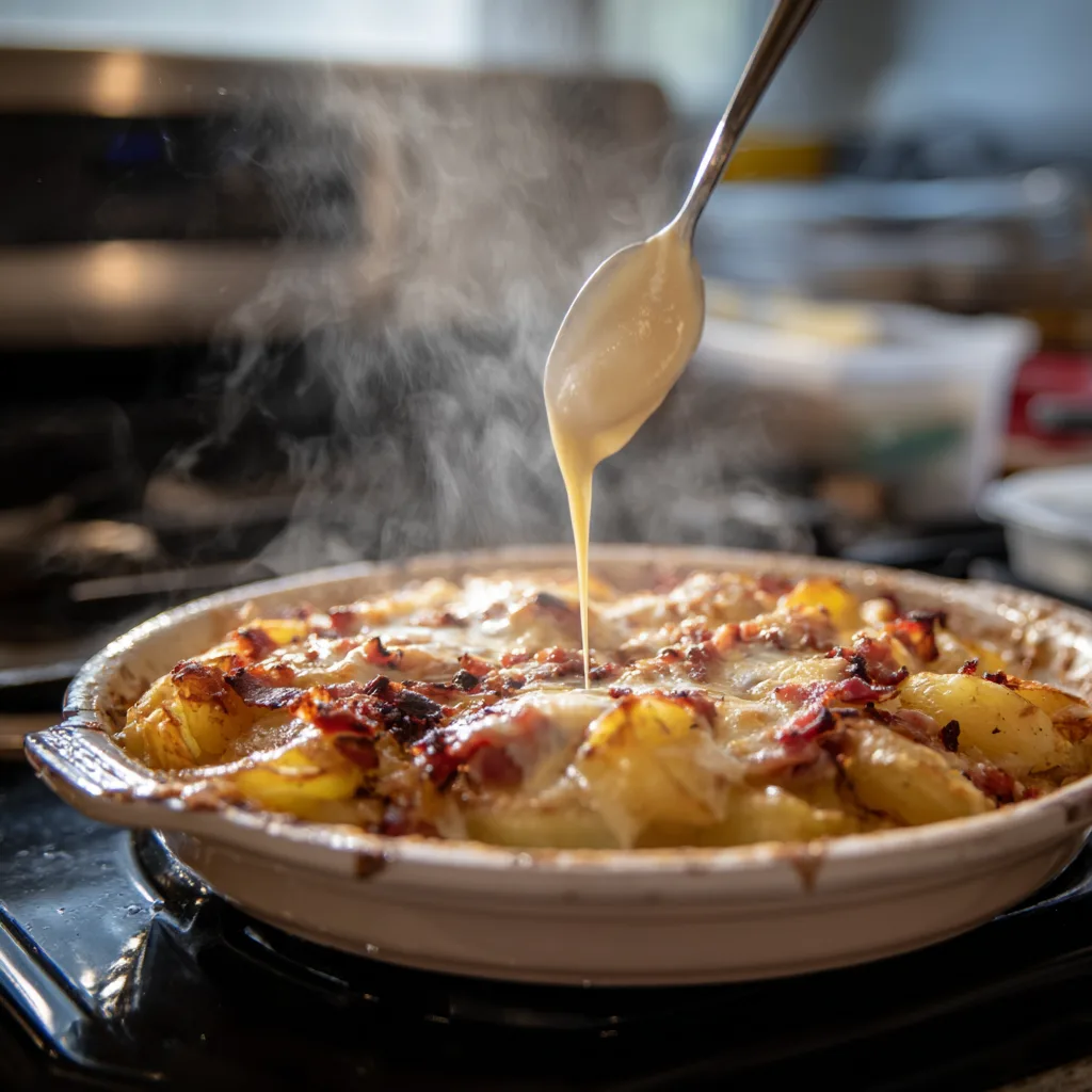 Montage en couches du gratin de pommes de terre aux lardons dans le plat