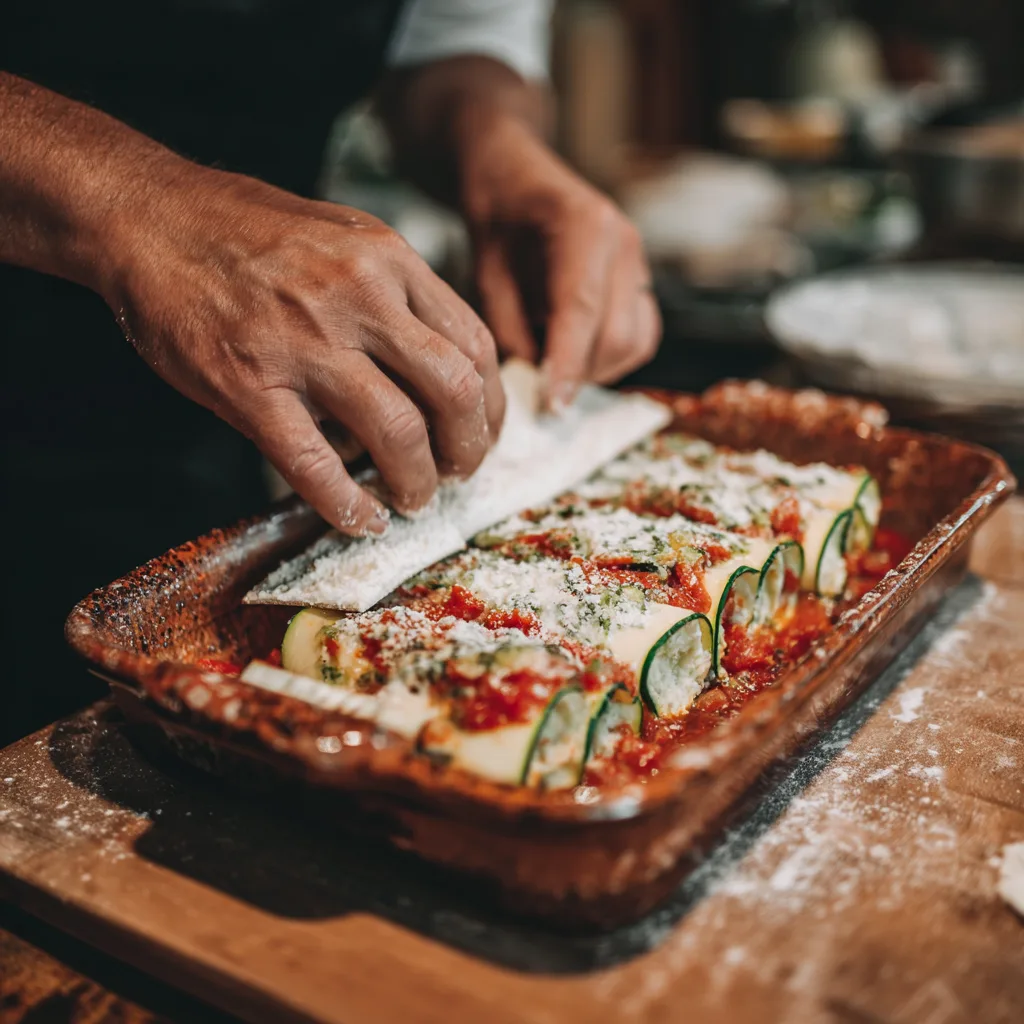 Montage des couches de lasagnes courgettes ricotta bolognaise dans le plat