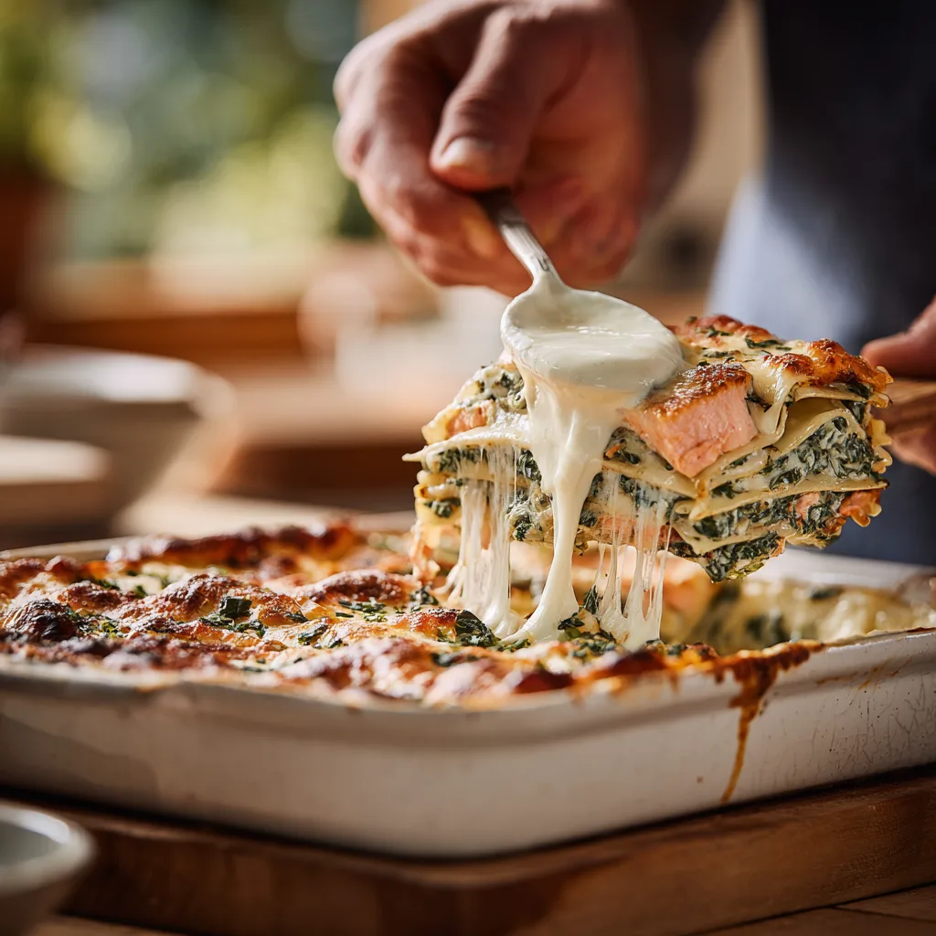 Montage des couches de lasagnes saumon épinards avec béchamel crémeuse