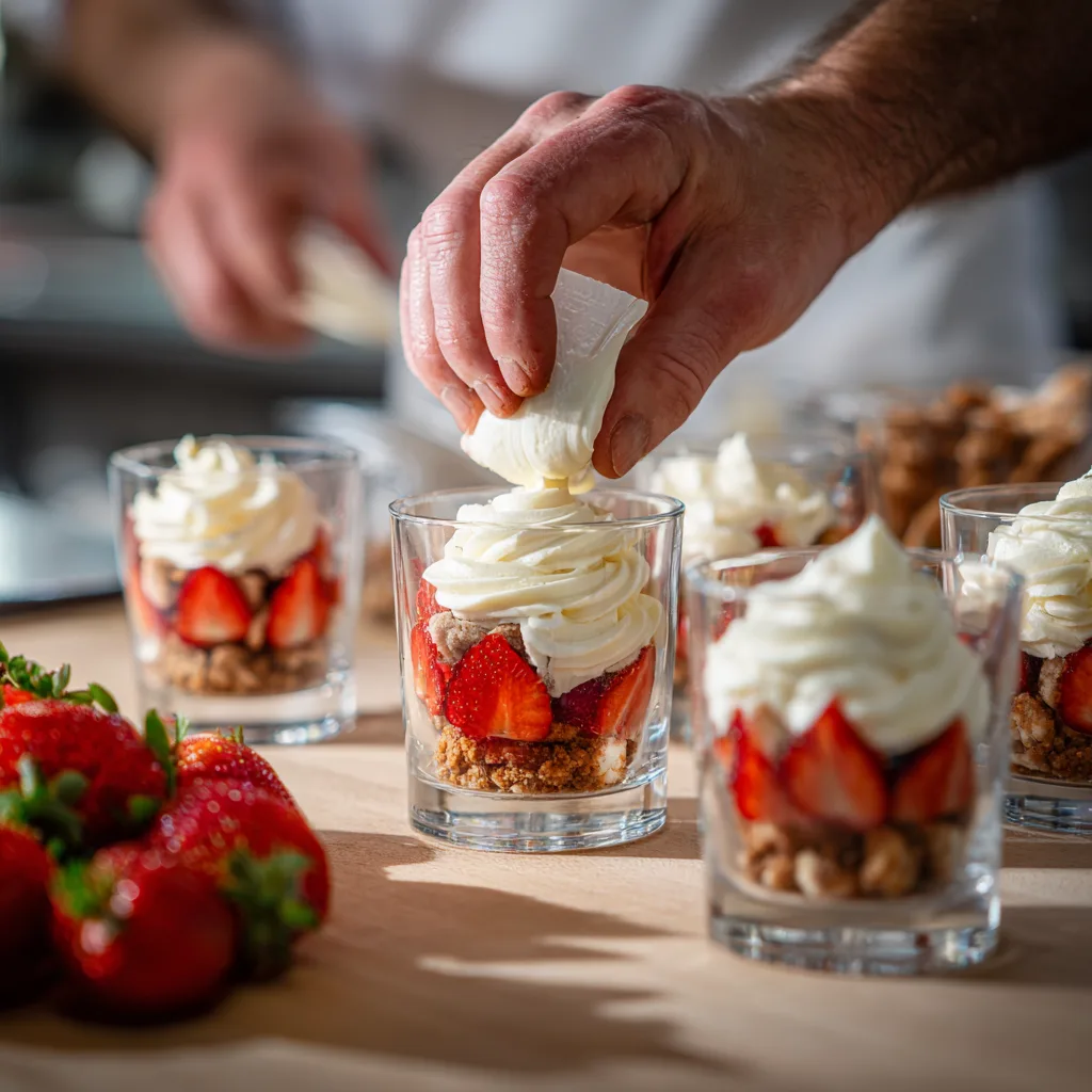 Montage verrine fraise mascarpone poche à douille crème blanche