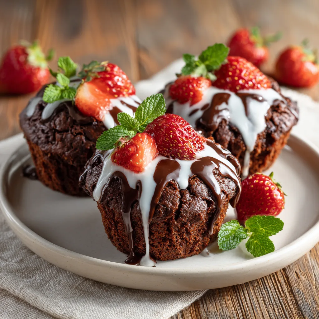 Présentation muffins fraise chocolat blanc sur assiette blanche