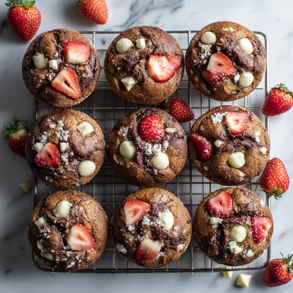 Muffins Fraise Chocolat Blanc moelleux vus de dessus sur grille