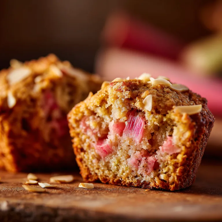 Gros plan d'un muffin à la rhubarbe et amande coupé en deux, mie moelleuse visible
