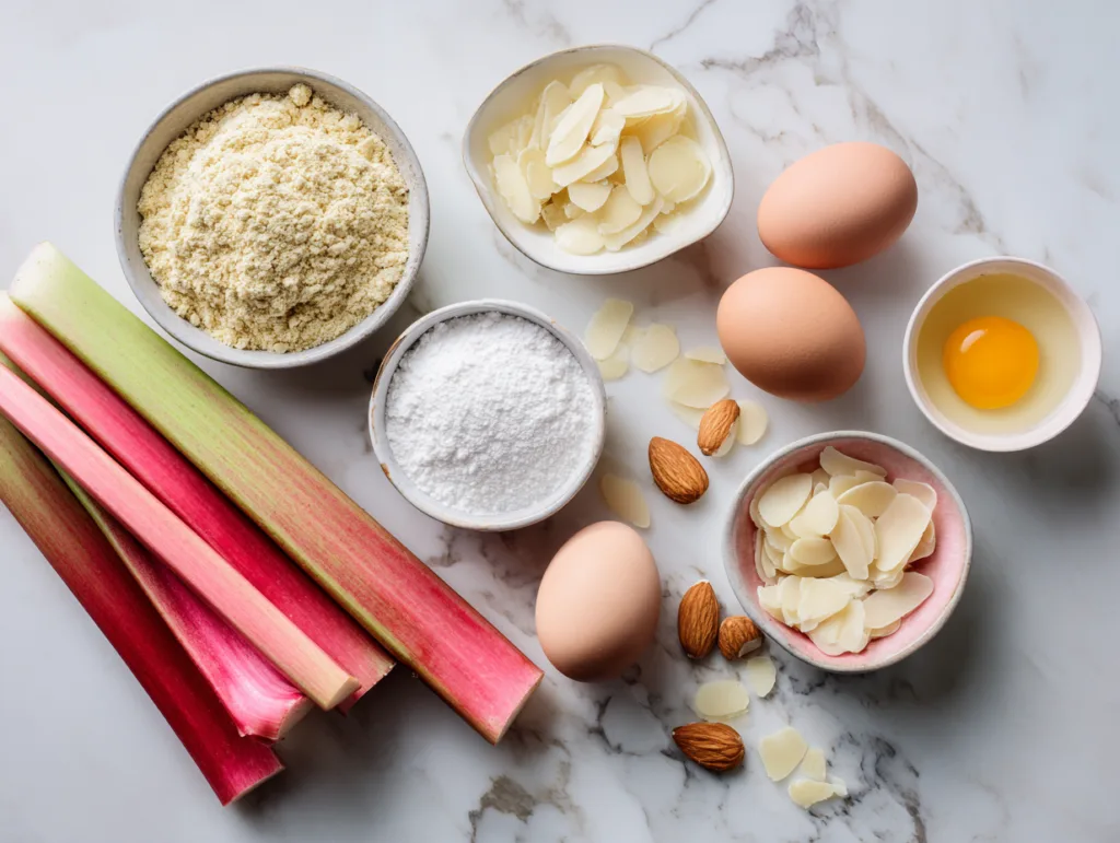 Ingrédients des muffins à la rhubarbe et amande posés sur un plan de travail en marbre blanc