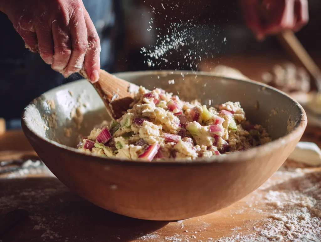 Mélange de la pâte pour les muffins à la rhubarbe et amande dans un bol en céramique