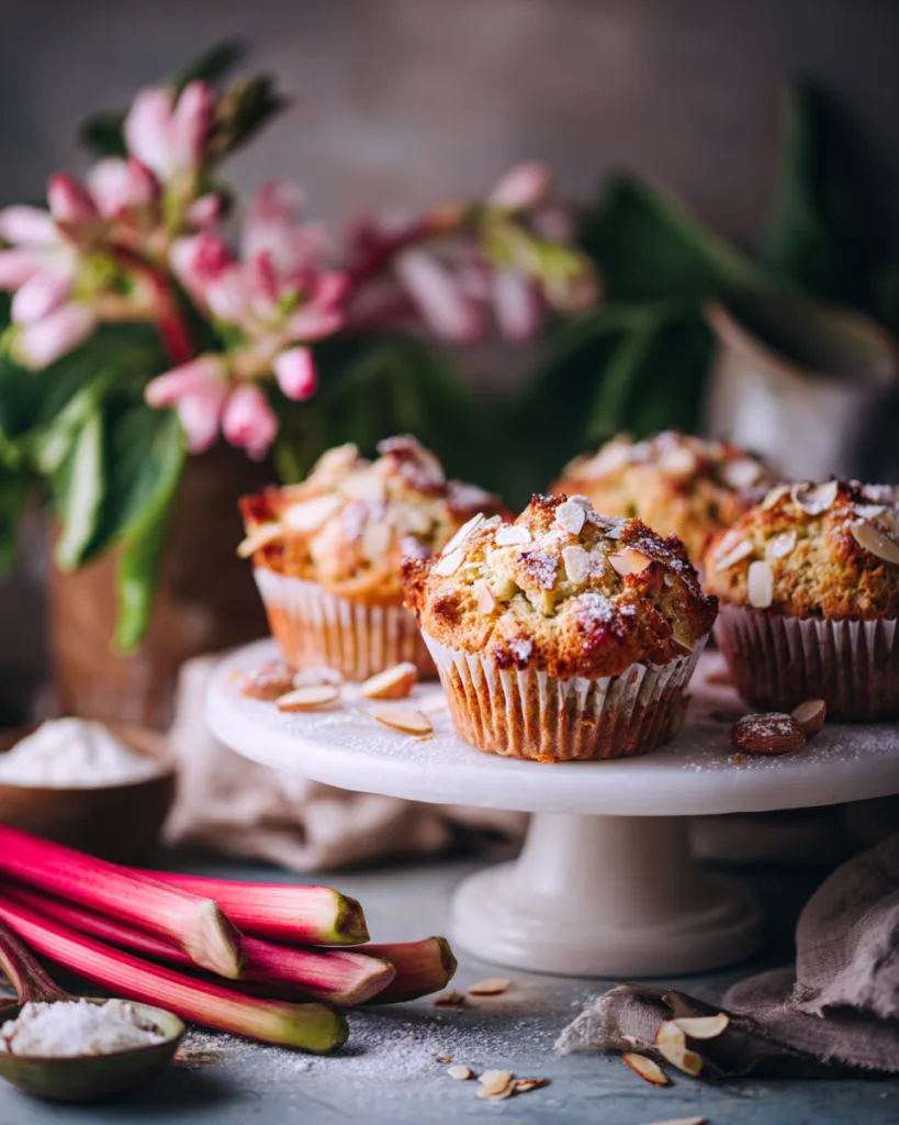 Muffins à la rhubarbe et amande moelleux présentés sur un présentoir blanc élégant