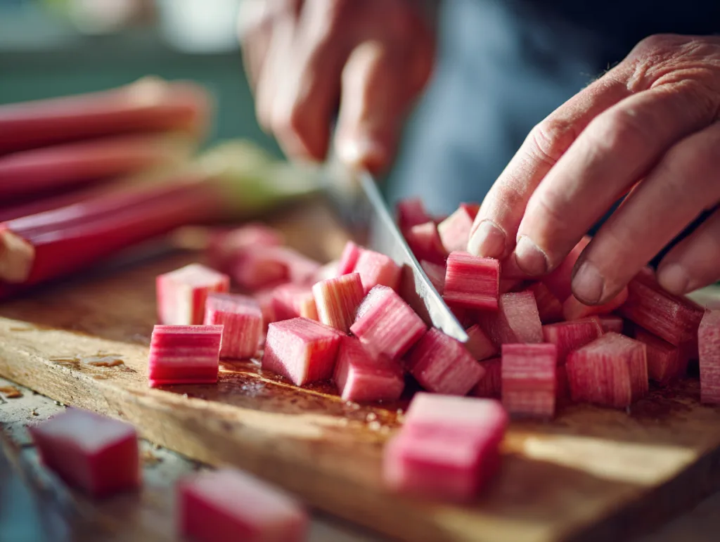 Préparation des muffins à la rhubarbe et amande — découpe de la rhubarbe fraîche
