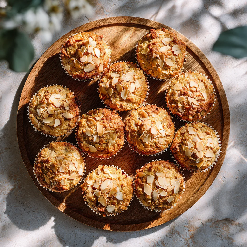 Muffins à la rhubarbe et amande dorés sur une planche en bois, vue de dessus