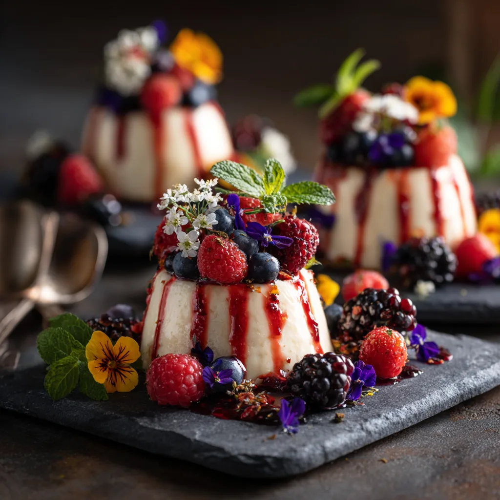 Panna cotta vanille démoulée avec fruits rouges et coulis framboise