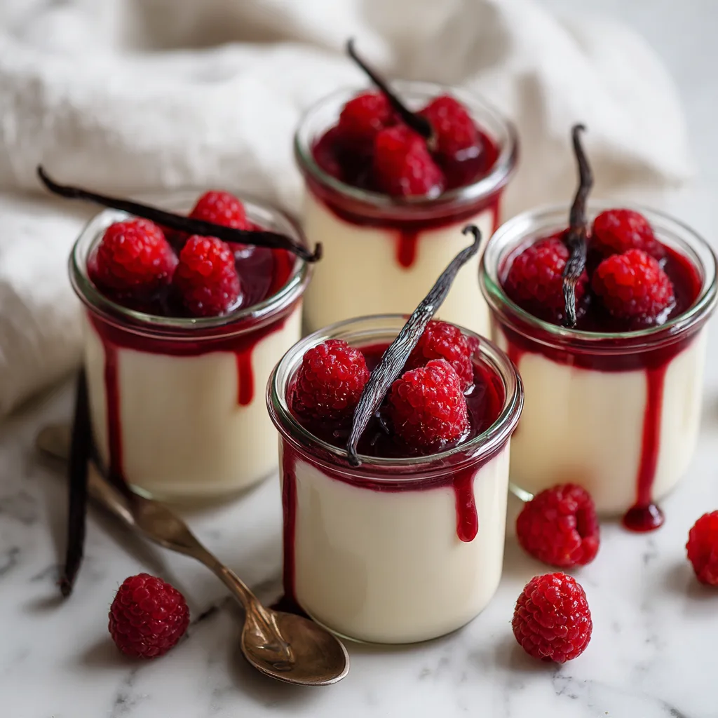 Panna cotta vanille maison servie en verrine avec coulis de framboises