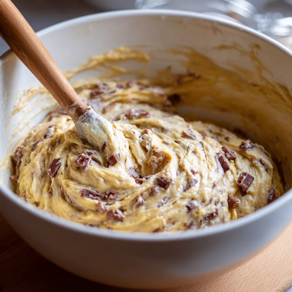 Mélange de la pâte à banana bread maison dans un saladier blanc