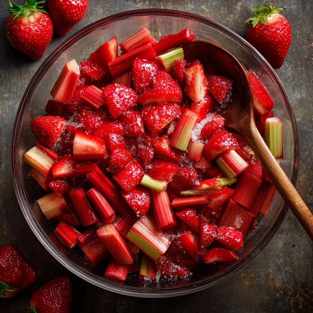 Préparation garniture crumble fraise rhubarbe dans bol mélange